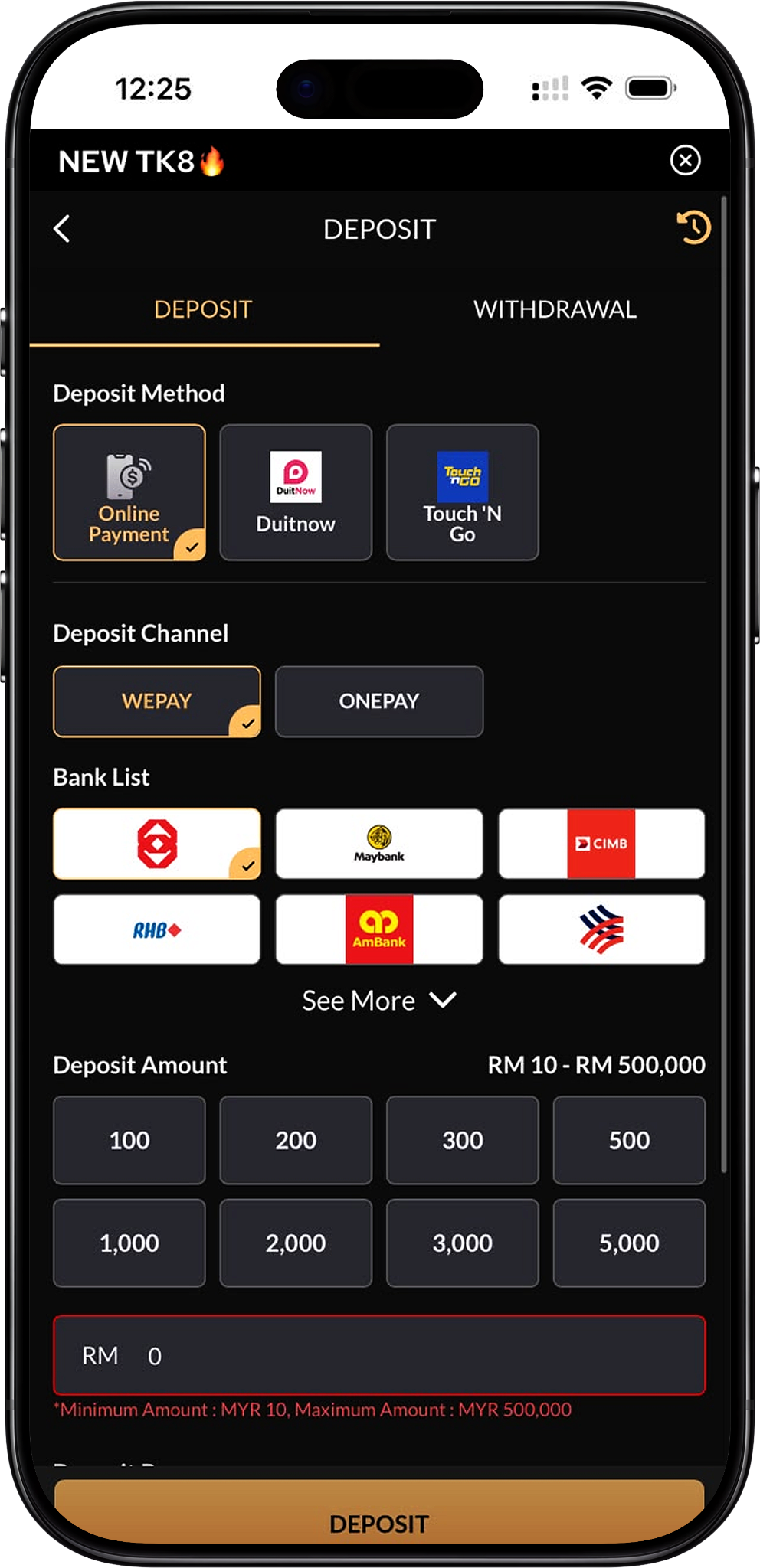TK8 Deposit Methods