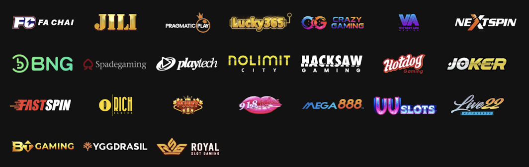 Gaming partners including FA Chai, JILI, Pragmatic Play, Lucky365, Crazy Gaming, BNG, Playtech, Hacksaw Gaming and others